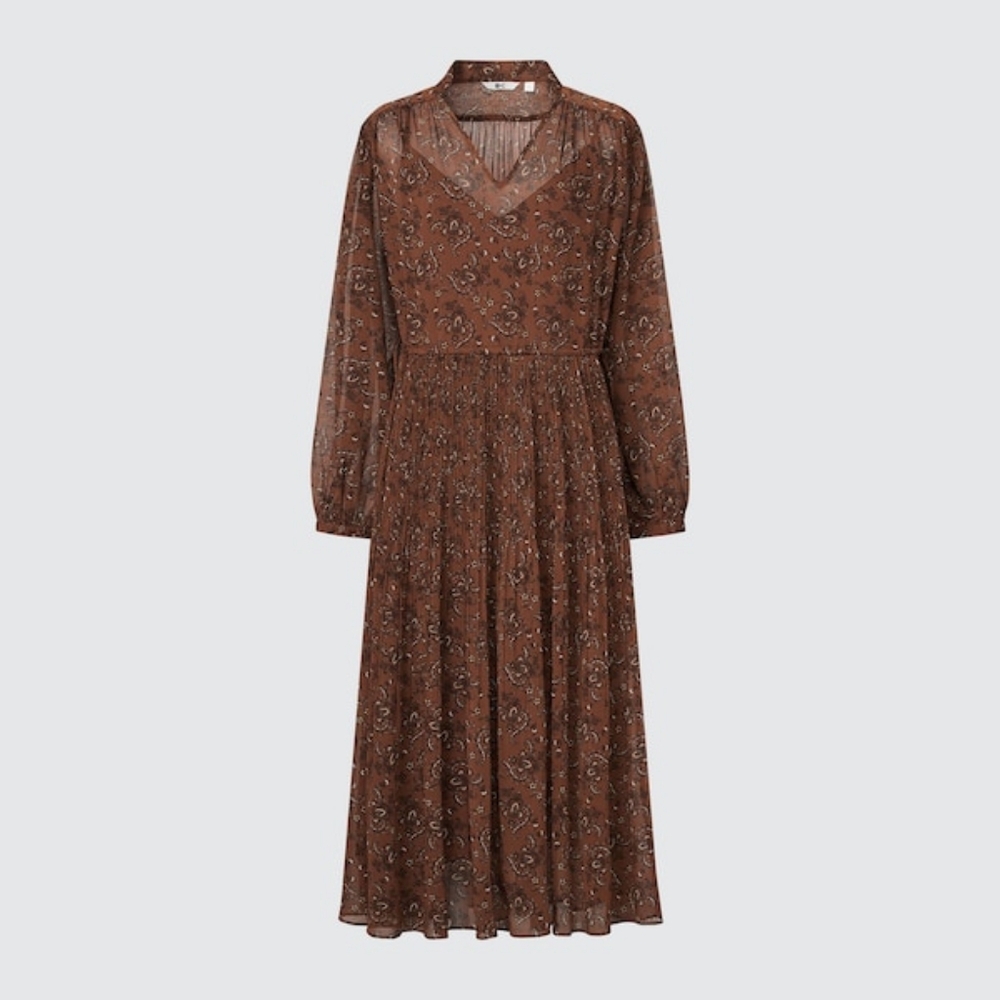 Uniqlo Chiffon Pleated Long-Sleeve Dress